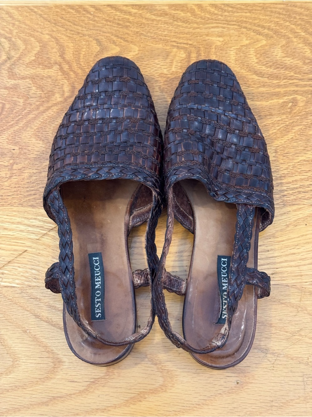 Sesto Meucci Dark Brown Woven Leather Slingback Mules